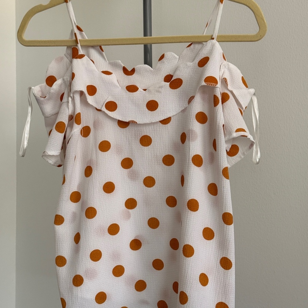 Monteau White Cold-Shoulder Blouse with Orange Polka Dots